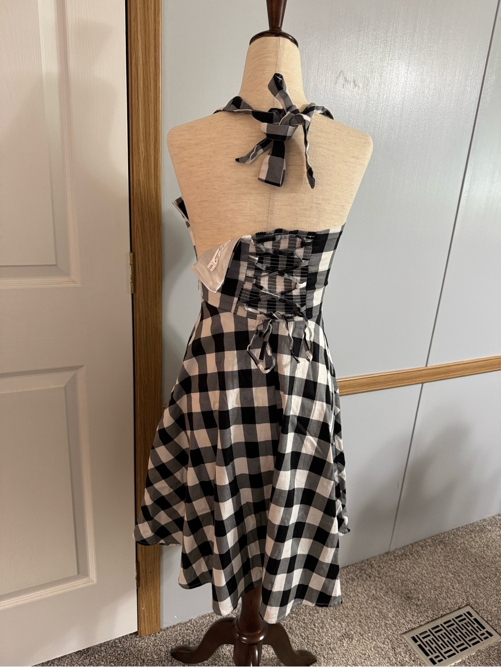 Topdress Black White Gingham Backless Halter Dress Size Small Retro Trad Wife - Picture 2 of 9